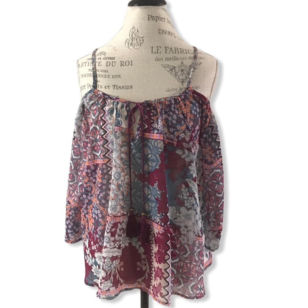Floral Patchwork Pattern Semi-Sheer Loose Fit Top with Keyhole Tie. 70’s Vibes